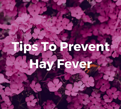 "Tips To Prevent Hay Fever" against background of purple flowers