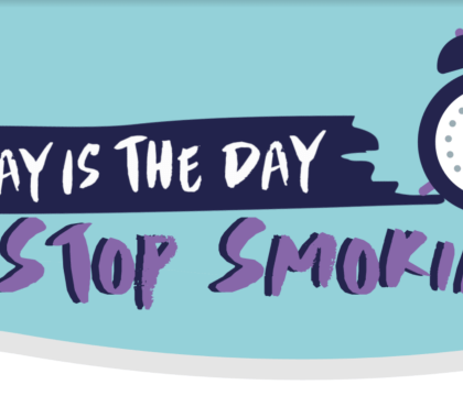 Blue background and alarm clock with text "Today is the day to stop smoking"